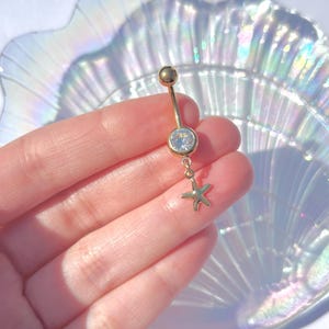 Gold Starfish Belly Bar , Stainless Steel Dangle Piercing , Diamond Rhinestone Body Jewellery , Belly Ring Navel Gift Idea 1.6mm 10mm Beach