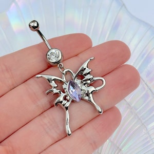 Silver Butterfly Belly Bar , Stainless Steel Dangle Piercing , Diamond Rhinestone Body Jewellery , Belly Ring Navel Gift Idea 1.6mm 8mm