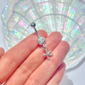 Silver Starfish Belly Bar: Stainless Steel Navel Ring Piercing