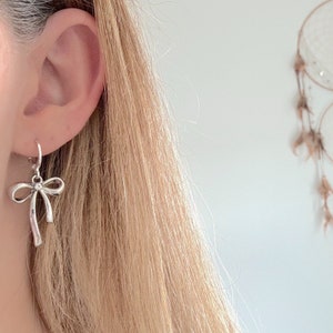 Sterling Silver Coquette Huggy Hoop Charm Dangle Bow Earrings Minimalist Boho Indie Style Piercing Jewellery Gift Idea Friend Sister