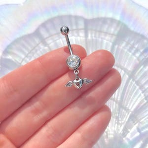 Silver Cupid Heart Belly Bar , Stainless Steel Dangle Piercing , Diamond Rhinestone Body Jewellery , Belly Ring Navel Gift Idea 1.6mm 8mm