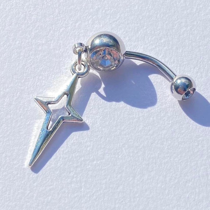 Silver Pendant Star Rhinestone Navel Stainless Surgical Steel Dangle Belly Bar Piercing Rave Festival Crystal Body Jewellery Gift Idea 316L image 2