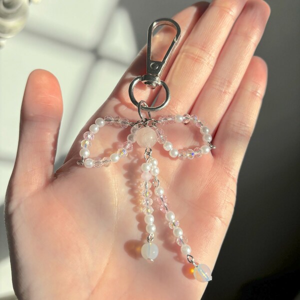 Handmade Pink Iridescent Beaded Bow Dangle Keychain Keyring Bag Car Accessory w Rose Quartz Crystal Bead Perfect Gift Idea