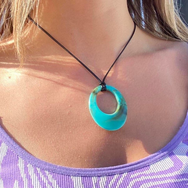 Green Resin Oval Pendant Cord Necklace Boho Beach Summer Indie Style Jewellery Gift Idea Friend Sister Girlfriend Y2K Rope Necklace