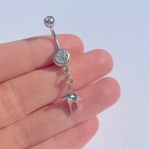 Silver Pendant Star Rhinestone Navel Stainless Surgical Steel Dangle Belly Bar Piercing Rave Festival Crystal Body Jewellery Gift Idea 316L