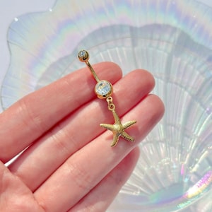Piercing para ombligo con forma de estrella de mar dorada: Piercing de acero inoxidable con diamantes de imitación para el ombligo, 1,6 mm x 10 mm, estilo playa/océano.
