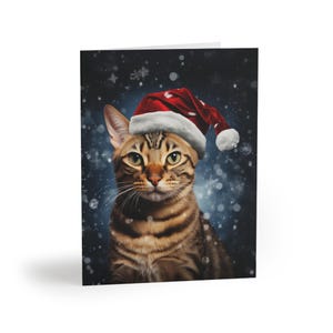 Cartão de Natal Bengal, Bengal com chapéu de Papai Noel, Cartões de Natal, Cartões festivos, Cartões sazonais, Conjunto de cartões, Cartão de gato
