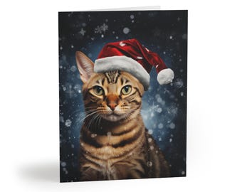 Bengal Christmas Card, Bengal with Santa hat, Holiday Cards, Christmas Cards, Festive Cards, Seasonal Cards, Set of Cards, Cat Card