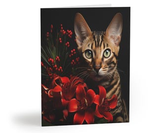 Greeting Cards, Bengal Cat Christmas Card, Bengal with Poinsettias, Cat Lover Gift, Cute Cat Cards, Holiday Cards, Christmas Cards