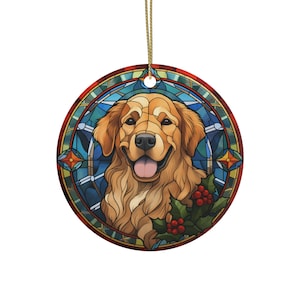 Golden Retriever Ceramic Ornament, Stained Glass Style, Holiday Pet Decoration, Dog Lover Gift, Tree Hanger, Christmas Ornament, Stocking