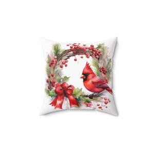 Bezauberndes Kardinal-Feiertags-Kissen, Weihnachten, Wohndekor - gesponnenes quadratisches Polyester-Kissen, Weihnachtsdekor, Kardinal-Liebhaber-Geschenk, Winterüberwurf
