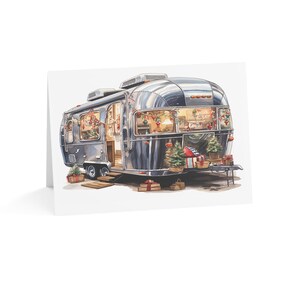 Vintage Travel Trailer Christmas Card, Kartki okolicznościowe, Kartki świąteczne, Papeteria świąteczna, Zestaw kartek świątecznych, Pakiet życzeń świątecznych, Wesołych Świąt