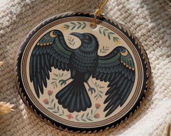 Odin's Raven Ornament| Norse Style Black Raven on a Ceramic Ornament | Scandinavian Christmas | Nordic Yuletide | Solstice and Yule