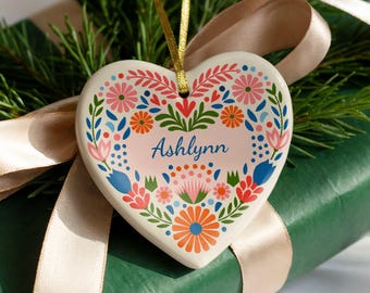 Personalized Heart with Scandinavian Folk Art | Retro Nordic Design on a Heart-shaped Ceramic Ornament | Custom Name Gift