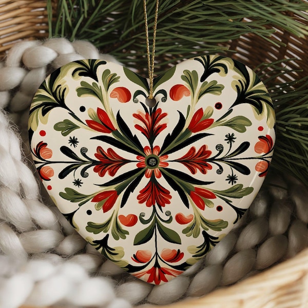 Scandinavian Heart Ornament, God Jul Folk Art Christmas Ornament, Nordic Sweden Heirloom Ceramic, Swedish Norwegian Danish Rosemaling style