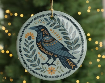 Scandinavian Raven Ornament | Odin's Raven on a Light Green Background | Black Crow | Scandinavian Christmas | Nordic Yule