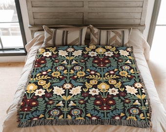 Nordic Folk Floral Woven Blanket, Vintage Folk Art Throw, Boho Tapestry, Colorful Cotton Woven Throw, Scandinavian Blanket, Scandi Style