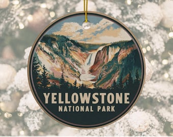 Yellowstone National Park Retro Ceramic Ornaments, YNP Lower Falls Scenic Design, Wyoming Idaho Montana National Park Keepsake Ornament