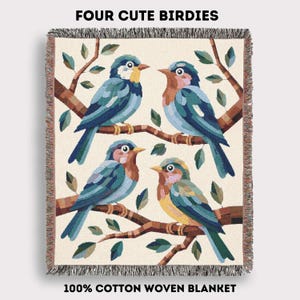 Colorful Bird Blanket, Woven Blanket with Four Cute Birds, Cozy 100% Cotton Throw for Nature Lovers, Cottagecore Decor, Unique Bird Gifts