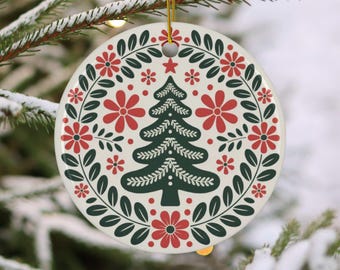 Scandi Christmas Tree Rosemaling Ornament, Scandinavian Inspired Red and Green Ceramic Ornament, Folkart Christmas Tree Decor, Nordic Gifts