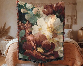 Romantic Floral Woven Blanket, Cotton Classic Meets Modern Vintage Style Throw, Cottagecore Tapestry, Botanical Home Decor Cozy Gift for Her