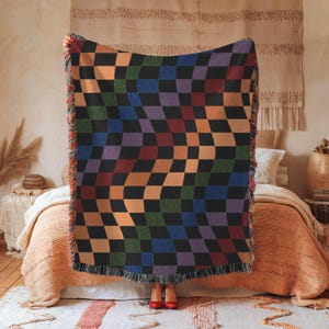 Wavy Checkered Rainbow Woven Blanket - Pride Month Gift, LGBTQ+ Pride Decor, Colorful Throw Blanket, Cozy Home Accessory, LGBT Pride Throw