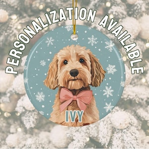 Coquette Goldendoodle Ornament, Pink Bow on a Goldendoodle Dog Breed, Dog Name Personalization Available, Christmas Gift for Doodle Owner