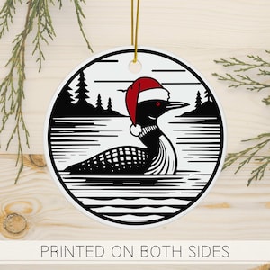 LOON Christmas Ornament, Christmas Loon Santa Hat Ceramic Ornament, Black and White Holiday Decoration, Minnesota Common Loon Xmas Decor