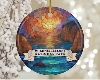 Adorno del Parque Nacional de las Islas del Canal, paisaje costero con vitrales falsos, decoración navideña de cerámica, regalo para amantes del océano, parques de California