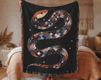 Snake Woven Blanket - Colorful Snake Design, Serpent Cotton Throw Blanket, Reptile Home Decor, Unique Gift Idea, Vibrant Animal Print Afghan