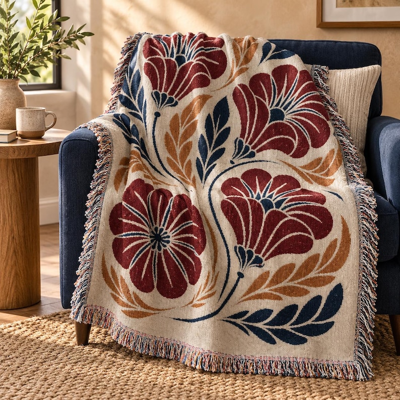 May include: A woven throw blanket featuring a cream-colored base with a large-scale floral pattern in deep red, navy blue, and golden yellow. The blanket has a textured appearance and is finished with decorative fringe along the edges.