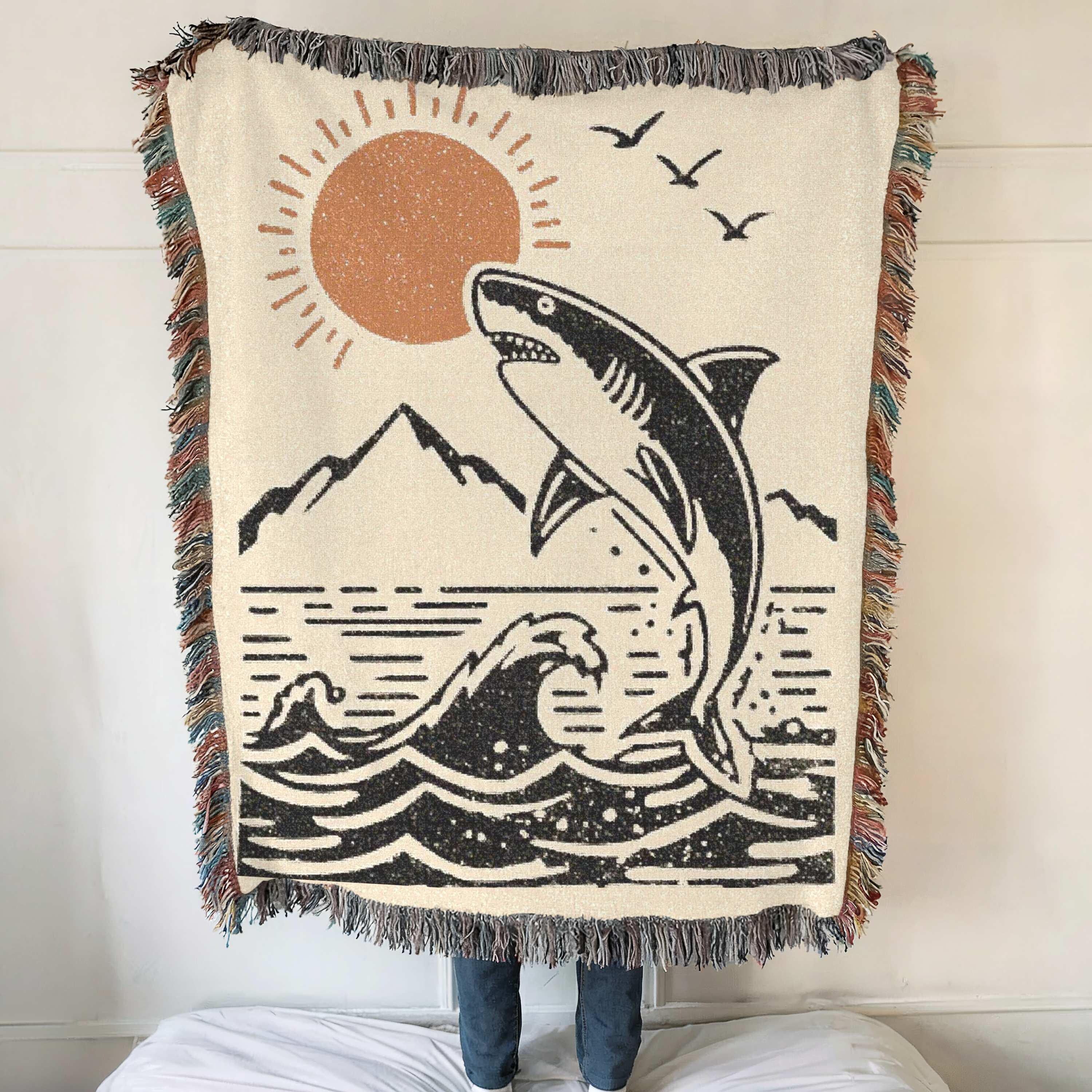 Shark Woven Throw Blanket, 100% Cotton Coastal Wildlife Tapestry