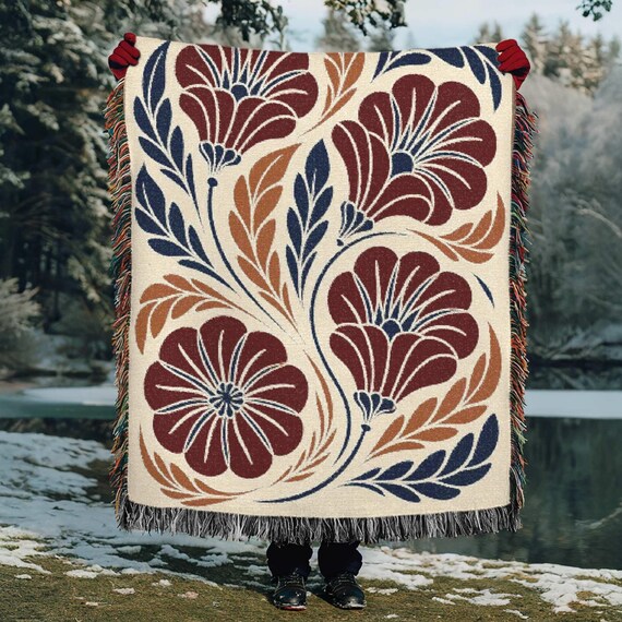 Nordic Burgundy Navy Gold Floral Woven Blanket, Stylized Flowers and Wheat Throw, Scandinavian Folk Art Tapestry, 100% Cotton Jacquard Throw