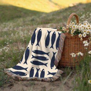 Sardine Blanket, Coastal Woven Throw, Navy Fish Pattern Cotton Blanket, Nautical Beach House Decor, Scandinavian Gift,Herring Tapestry Throw image 3
