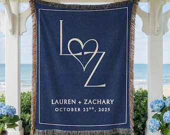 Personalized Romantic Heart Blanket, Throw with Couple's Names, Wedding Present, Monogram Initials, Bridal Shower Gift, Cotton Anniversary
