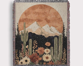 Desert Sunset Woven Blanket – 100% Cotton Boho Throw with Cactus & Wildflowers | Southwest Home Decor | Cozy Earth Tones Tapestry Blanket