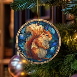 Squirrel Faux Stained Glass Ornament, Ceramic Woodland Animal Ornament, Nature Christmas Tree Decoration, Squirrel Ornament for Christmas