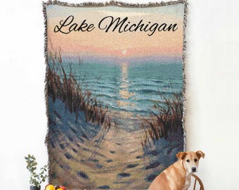 Great Lakes Woven Blanket, Personalized Lake Blanket, Lake Michigan Souvenir Gift, Vacation Keepsake, Lake Superior Huron Ontario Erie Throw