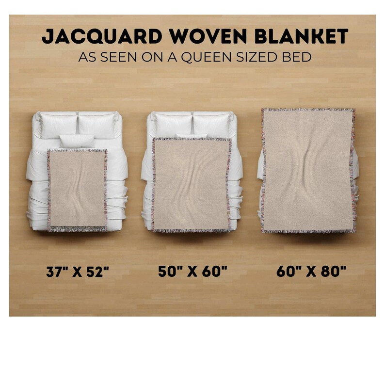 May include: A jacquard woven blanket is displayed on a queen-sized bed. The image shows three different sizes: 37" x 52", 50" x 60", and 60" x 80". The blanket has a neutral color and a fringed edge.