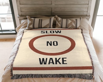 Slow No Wake Blanket, Woven Navy Nautical Throw for Boat Lovers, Funny Pun, Lake House Decor Coastal Cottage, Buoy Sign Blanket Boating Gift