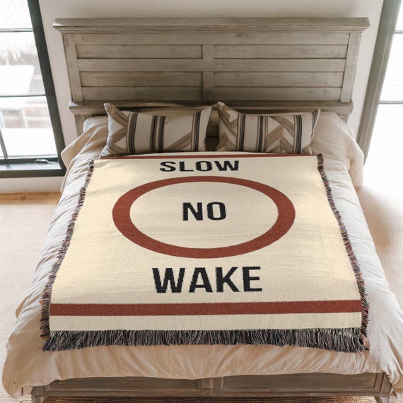 Slow No Wake Blanket, Woven Navy Nautical Throw for Boat Lovers, Funny Pun, Lake House Decor Coastal Cottage, Buoy Sign Blanket Boating Gift