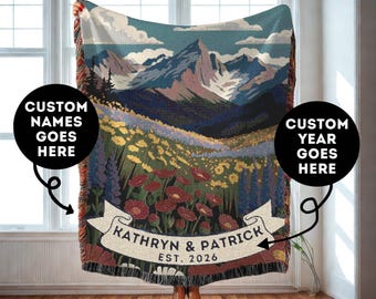 Personalized Wilderness Nature Blanket, Customized 100% Cotton Throw with Mountains and Wildflowers, Couple Names Woven Blanket Wedding Gift