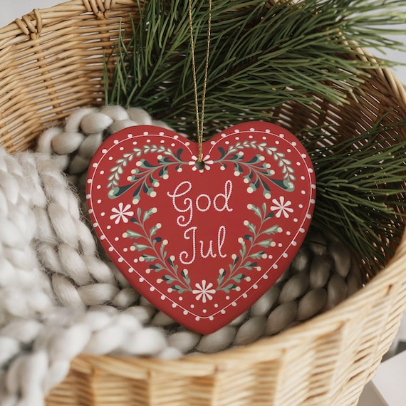 Scandinavian "God Jul" Folk Art Christmas Ornament | Nordic Heart Ornament in Scandi Rosemaling Style |  Swedish Norwegian Heritage Heirloom