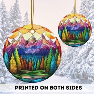 Mountains 2024 Christmas Ornament, Forest Faux Stained Glass Christmas Decor, Western National Park Holiday tree Round Ceramic Ornament Gift