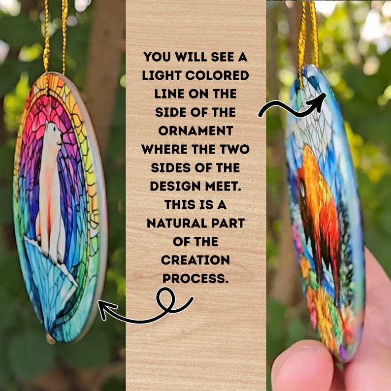 May include: Oval-shaped Christmas ornament with a colorful stained-glass design. One side features a polar bear, the other a parrot. The text on the wooden background reads: "YOU WILL SEE A LIGHT COLORED LINE...NATURAL PART OF THE CREATION PROCESS."
