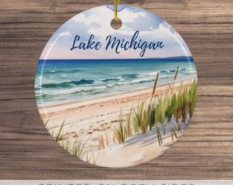 Lake Michigan Watercolor Ceramic Ornament, Great Lakes, Lake Michigan Christmas Ornament, Indiana Illinois Wisconsin, Lake Vacation Souvenir
