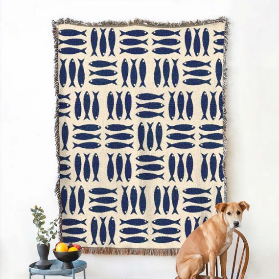 Sardine Blanket, Coastal Woven Throw, Navy Fish Pattern Cotton Blanket, Nautical Beach House Decor, Scandinavian Gift,Herring Tapestry Throw