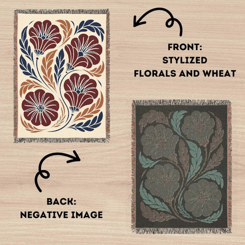 May include: A rectangular woven throw blanket featuring a stylized floral and wheat pattern. The front displays dark red flowers and navy blue leaves on a cream background. The back shows a negative image with dark gray and muted teal tones.