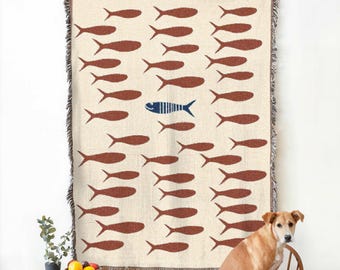 Geweven deken sardinevis, decor Lake House, nautische deken, viscadeau voor vissers, hutcadeau, cadeau voor vader of echtgenoot