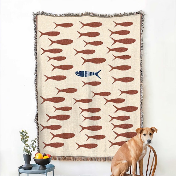 Sardine Fish Woven Blanket, Lake House Decor, Nautical Throw Blanket, Fishing Gift For Fishermen, Cabin Gift, Gift for Dad or Husband